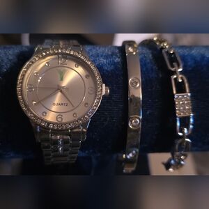 Silver Quartz Women's Watch, Two Bangle Bracelets And Necklace Set